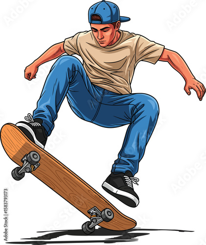 Skateboarder Airborne: A dynamic illustration captures a skateboarder in mid-air, executing a gravity-defying trick with skillful precision, showcasing the energy and freedom of skateboarding.