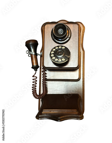 Φωτογραφία Retro wooden telephone hanging on wall, old-fashioned means of communication, vi