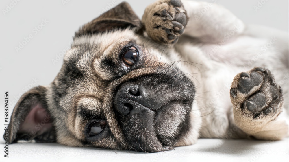 Obraz premium Pug puppy lying on its back, curious expression