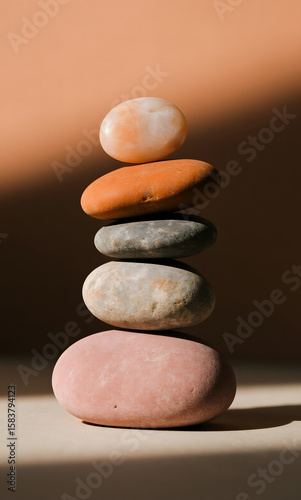 Balanced Stack of Pastel Pebbles on Pink Background