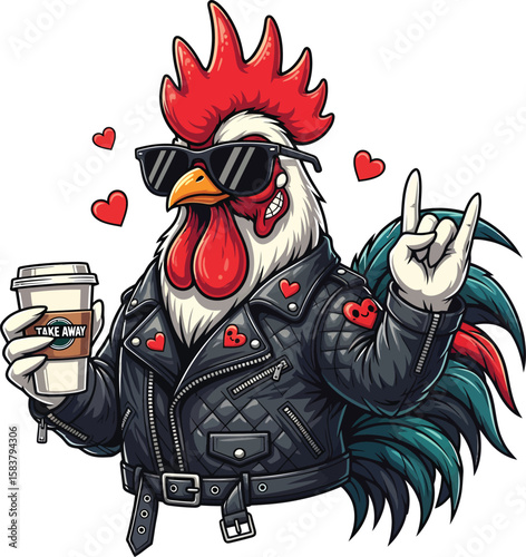 Cool Rooster's Morning Ritual: A stylish rooster, complete with sunglasses and a leather jacket, savors a coffee, with a rock-and-roll gesture and hearts symbol, as he prepares to greet the day.
