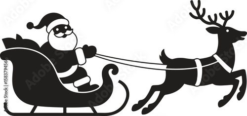 Vector Christmas black and white illustration with Santa Claus riding his sleigh pulled by reindeers.Santa Claus on sleigh flying sky with reindeers black vector silhouette on white background