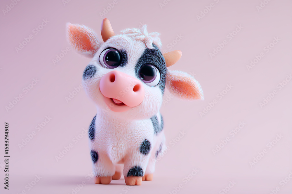 Naklejka premium A cute cartoon cow with big expressive eyes and soft fur standing on a clean white background, perfect for children’s books, educational materials, farm-themed posters, and dairy product advertising.