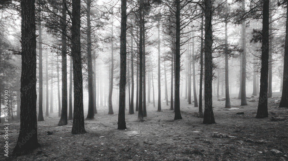 Naklejka premium Misty forest scene in monochrome
