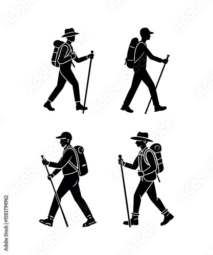 Adventurers on Trek:  A captivating illustration showcases silhouettes of individuals embarking on hiking adventures, embodying the spirit of exploration and outdoor pursuit. 