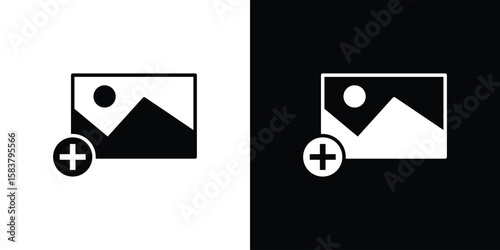 Add photos icon black and white. Simple glyph icons.