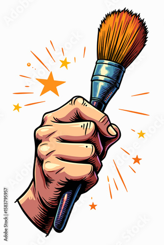 Hand holding a paintbrush with stars and sparks, artistic expression, colorful illustration, copy space