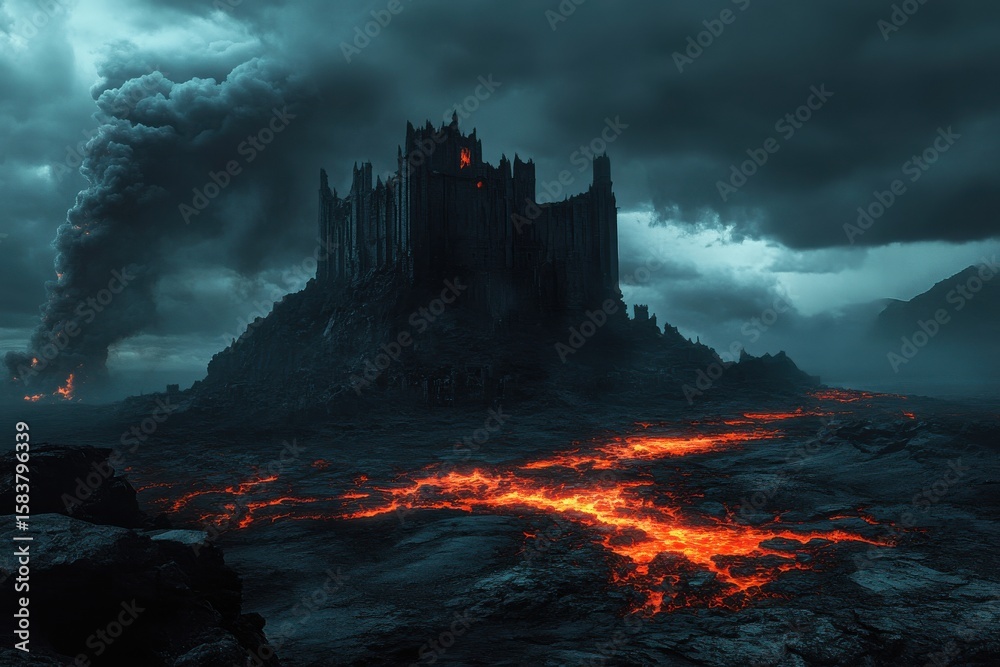 Fototapeta premium Mysterious castle surrounded by flowing lava with ominous clouds at twilight