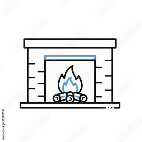 Cozy fireplace with burning fire and wood logs.