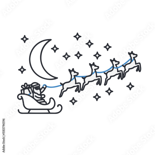 Santa Claus in his sleigh pulled by reindeer flying through the night sky.