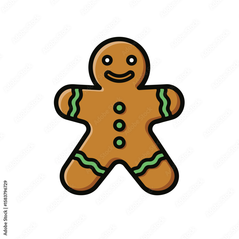 Fototapeta premium Cute gingerbread man with green frosting and smiling face.