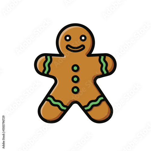 Cute gingerbread man with green frosting and smiling face.