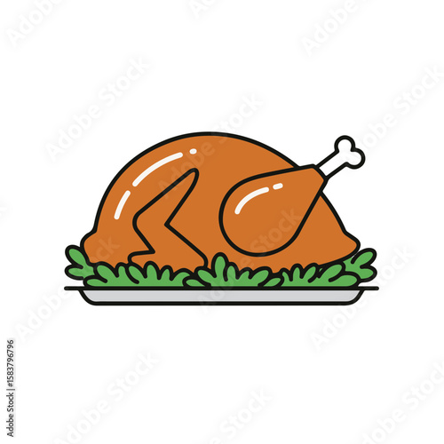 Roasted turkey on a platter with herbs.