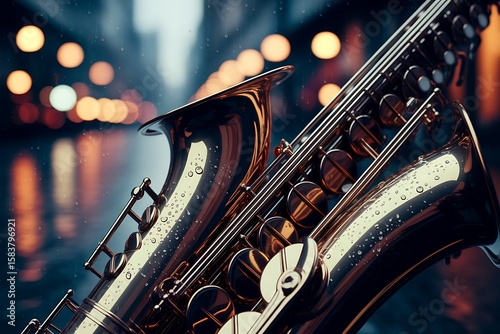 A Gleaming Tenor Saxophone Underneath City Lights on a Rainy Night