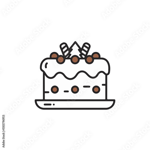 An illustrated cake on a plate, decorated with chocolate balls and wafer rolls.