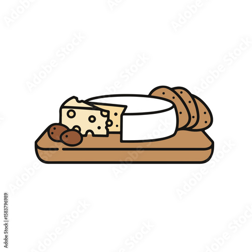 A delightful cheese arrangement with bread and nuts on a wooden board.