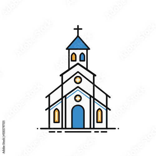 A simple church outline with a cross on the top.