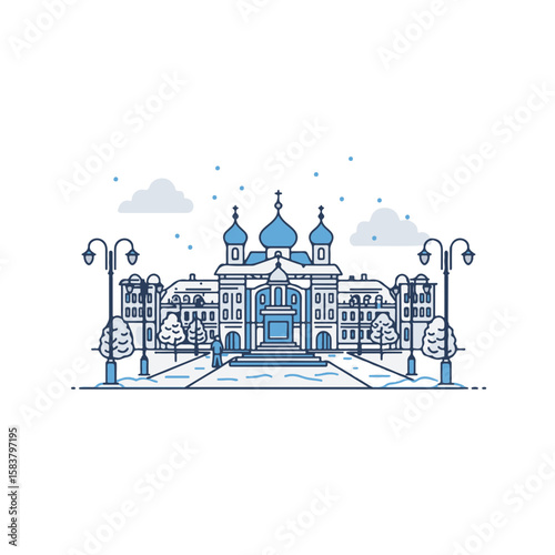 Architectural marvel illustrated in an artistic style. A beautiful representation of the building with light blue linework, capturing its unique features.