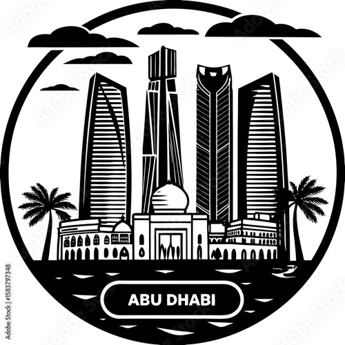 Black and white cityscape illustration of abu dhabi with skyscrapers and palm trees in a circle frame