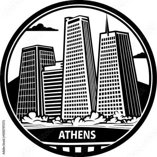 Black and white athens city skyline in a circle with buildings and clouds and the city name at the bottom