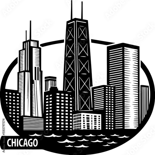 Illustration of the chicago skyline with tall buildings and the word chicago at the bottom edge