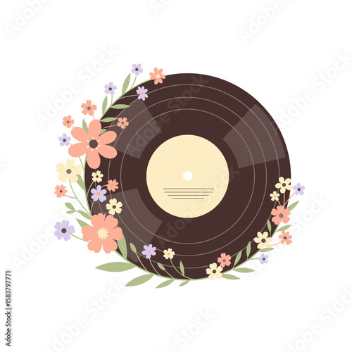 Vinyl record surrounded by colorful flowers for International Music Day  