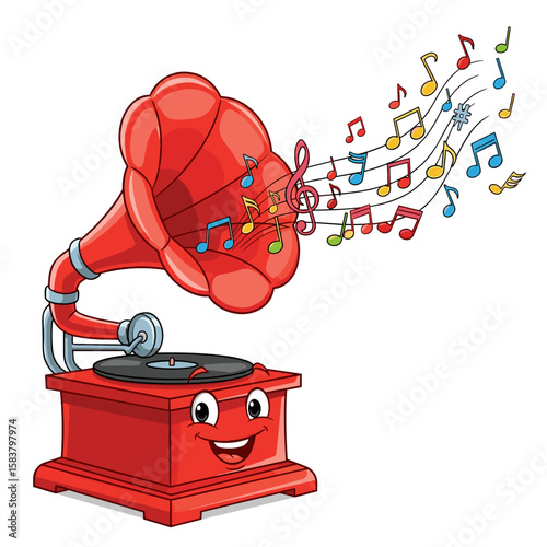 Cartoon gramophone with musical notes celebrating International Music Day  