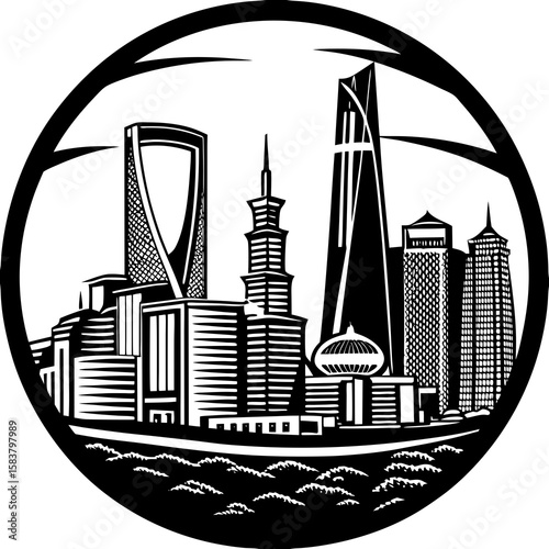 Black and white cityscape silhouette with various buildings inside a circle frame and water below it