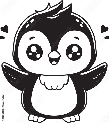 Simple cute penguin outline vector outline shape, simple black and white penguin shape