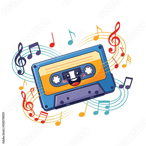 Cartoon cassette tape smiling with musical notes for International Music Day  