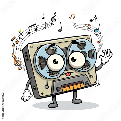 Cartoon cassette tape character dancing with musical notes for International Music Day  