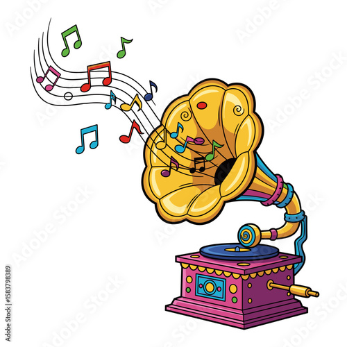 Vintage gramophone playing music with colorful notes for International Music Day  