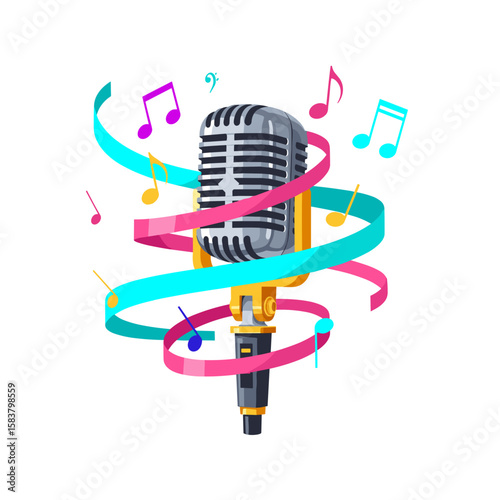 Vintage microphone with colorful musical notes on festive background for International Music Day  