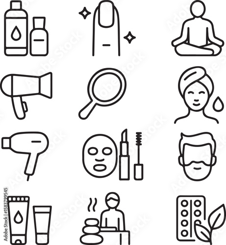 Spa and Beauty Treatment Line Icons for Wellness and Self-Care