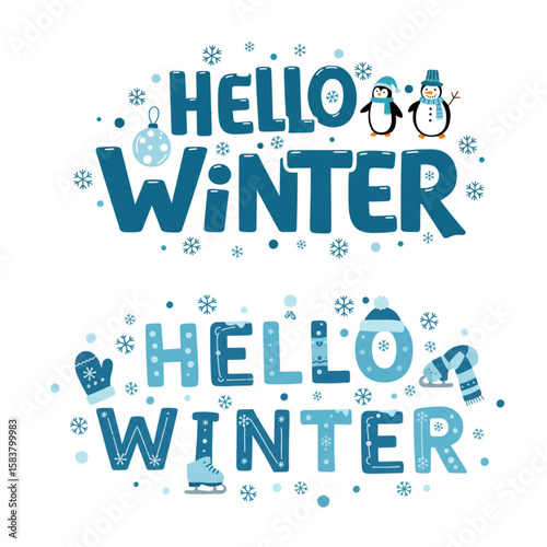 Hello Winter seasonal greetings designs presents two styles for holiday themes, great for decorations and winter festive event marketing.