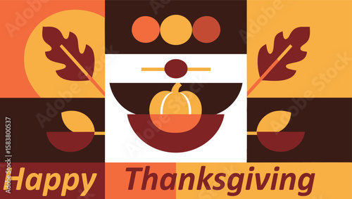 Colorful abstract design featuring autumn leaves and a pumpkin in warm tones, suitable for seasonal decor and celebration