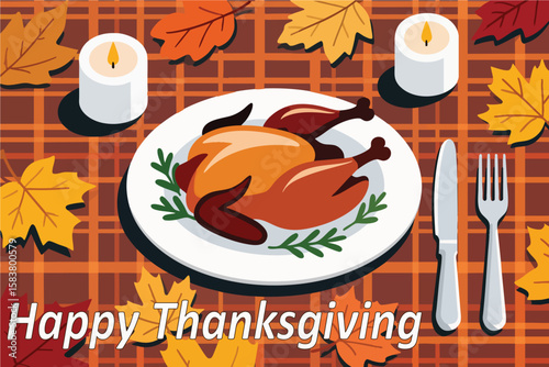 Festive autumn dinner featuring roasted turkey and seasonal decor with candles and colorful leaves