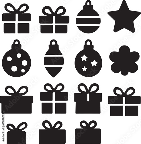 Collection of Black and White Christmas Gift and Ornament Icons