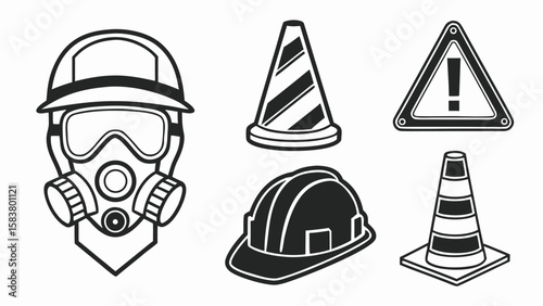 A Collection of Industrial Safety Icons Including a Gas Mask with Goggles Hard Hat Construction Helmet and Traffic Cones with Warning Sign