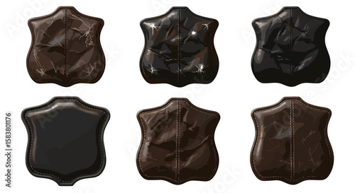 A collection of six leather badge shapes in varying shades of brown and black on a white background