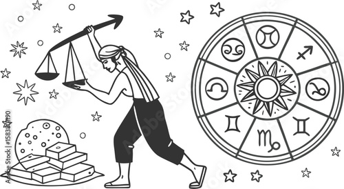 A grayscale minimalist line art illustration featuring a woman carrying a scale against a backdrop of stars and a zodiac wheel depicting