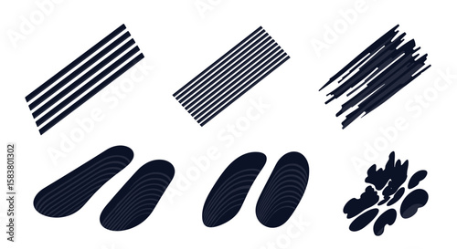 Six abstract shapes with parallel lines and curved forms on a white background design art