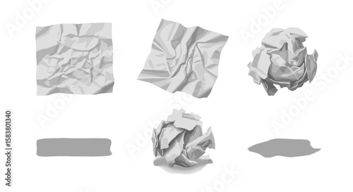 Collection of crumpled paper sheets and paper balls in various shapes and orientations isolated on white