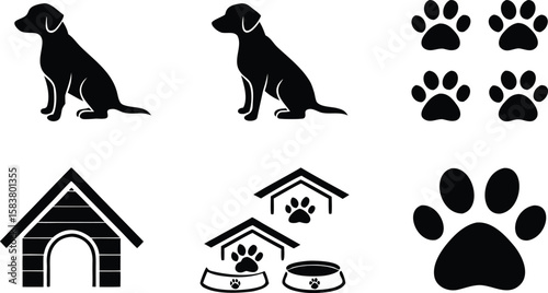 A Collection of Black Dog and Pet Care Icons Including Two Sitting Dogs Dog Houses Food Bowls and Paw Prints on White Background