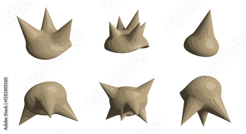 Six stylized beige shapes with pointed projections arranged on a white background in two rows
