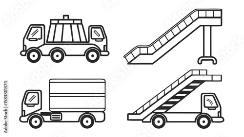 Black and White Line Drawings of Airport Ground Support Equipment Including a Baggage Truck a Cargo Truck an Airport Passenger Boarding