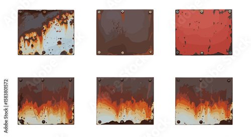 Collection of six square metal plates showing varying degrees of rust and corrosion on a white background