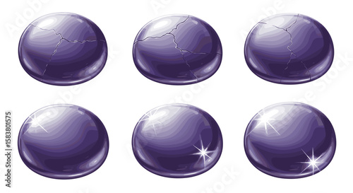Progression of purple gem eggs from cracked to shiny with light reflections in a grid pattern