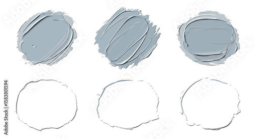 Aesthetic arrangement of three grey paint strokes and three empty outlines on a white background view