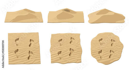 Illustration showing various sand formations with footprints on some sand surfaces on a white background